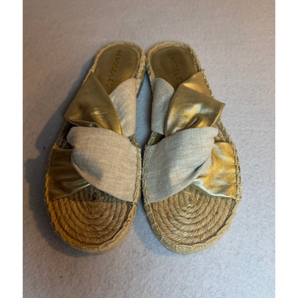 Aerosoles Paramus Gold Metallic Leather Espadrille Slide Sandals Womens 9.5M